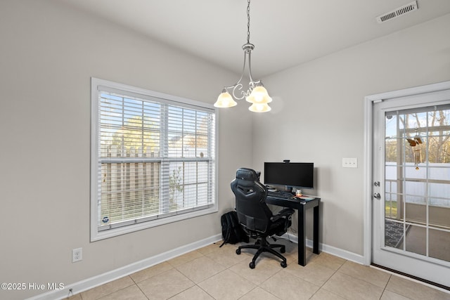 home office with light tile patterned flooring