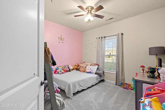 bedroom featuring carpet floors and ceiling fan