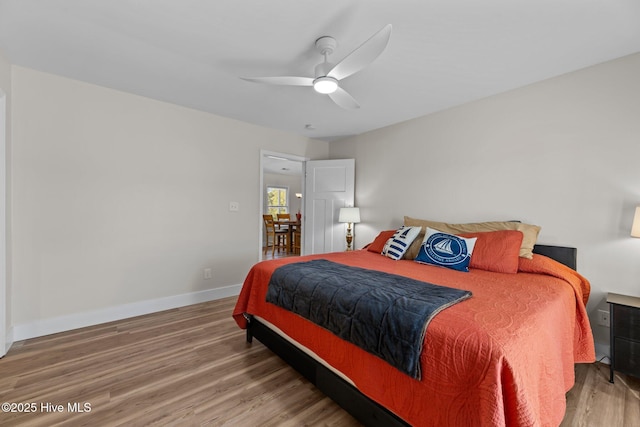 bedroom with ceiling fan and wood-type flooring