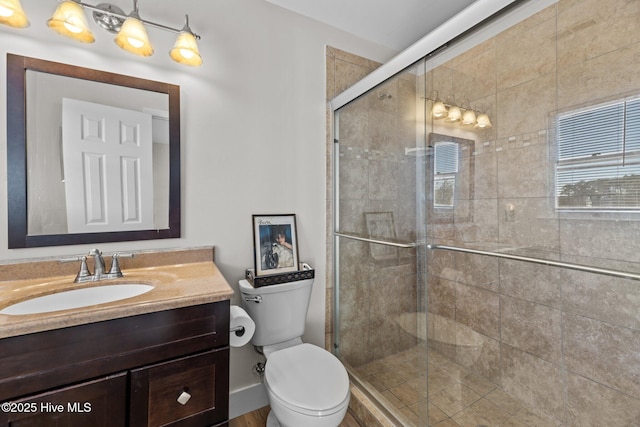 bathroom with toilet, vanity, and walk in shower