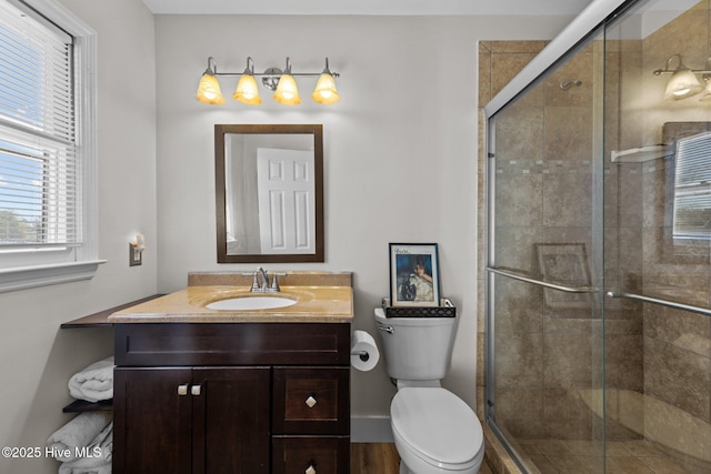 bathroom with vanity, a shower with shower door, and toilet