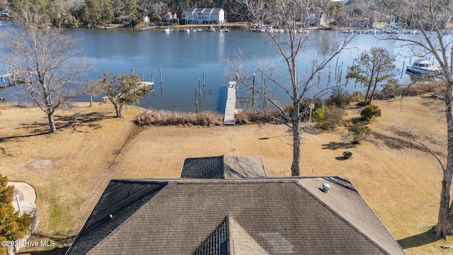 aerial view featuring a water view