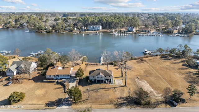 birds eye view of property with a water view