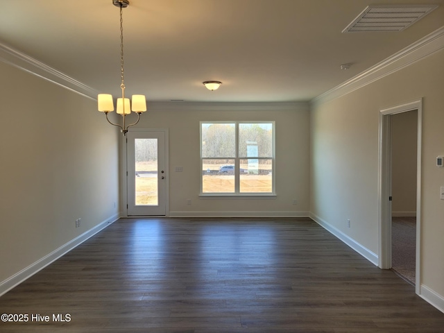 3709 W Cessna Way W Unit Ef 12, Wilson, NC 27896 - unfurnished dining area featuring crown molding, dark wood-type flooring, baseboards, and a chandelier