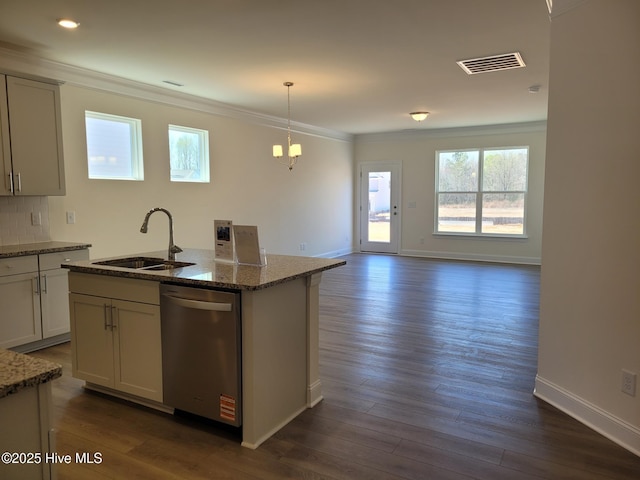 3709 W Cessna Way W Unit Ef 12, Wilson, NC 27896 - kitchen with a sink, stainless steel dishwasher, crown molding, stone countertops, and dark wood-type flooring