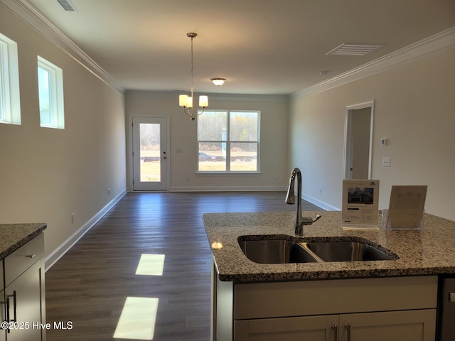 3709 W Cessna Way W Unit Ef 12, Wilson, NC 27896 - kitchen featuring a sink, open floor plan, a chandelier, light stone counters, and crown molding