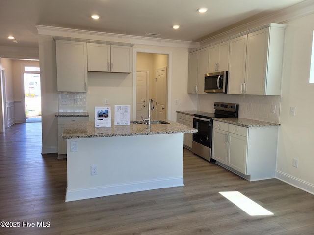 3709 W Cessna Way W Unit Ef 12, Wilson, NC 27896 - kitchen with appliances with stainless steel finishes, ornamental molding, a sink, light stone counters, and decorative backsplash