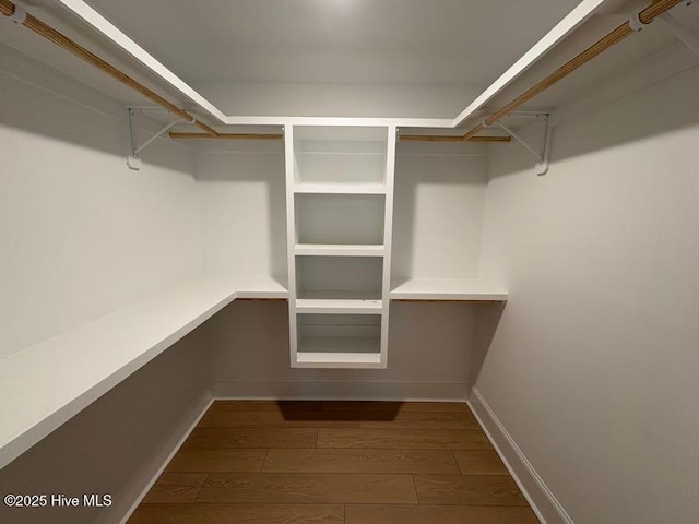 walk in closet with wood finished floors