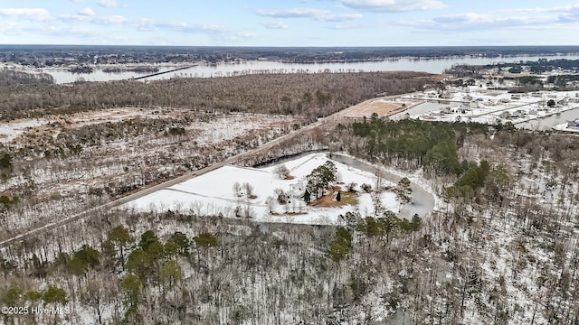 snowy aerial view with a water view