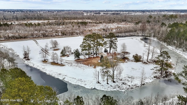 snowy aerial view with a water view