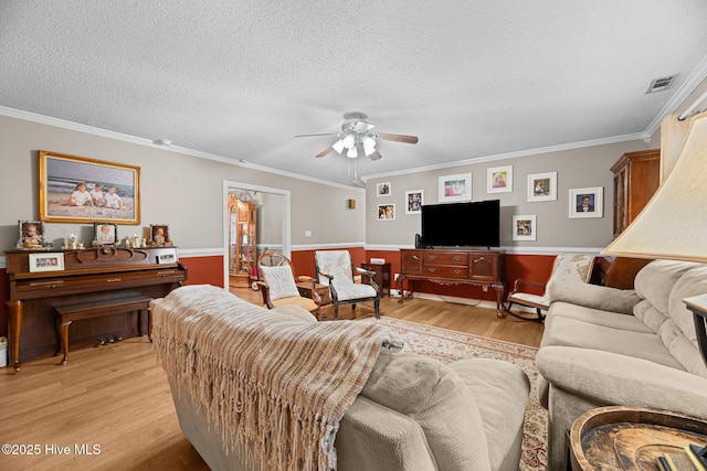 living room with crown molding, a textured ceiling, and light hardwood / wood-style floors