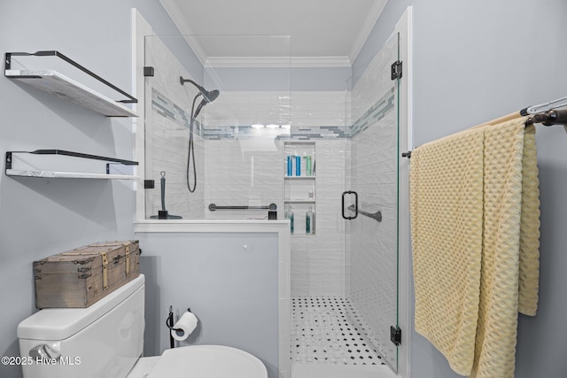 bathroom with a shower with door, crown molding, and toilet