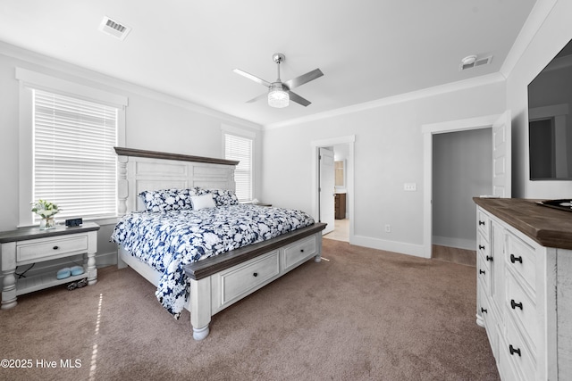 bedroom with light carpet, baseboards, visible vents, and crown molding