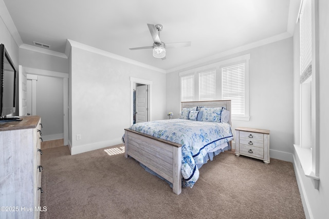 bedroom with baseboards, visible vents, a ceiling fan, light colored carpet, and ornamental molding