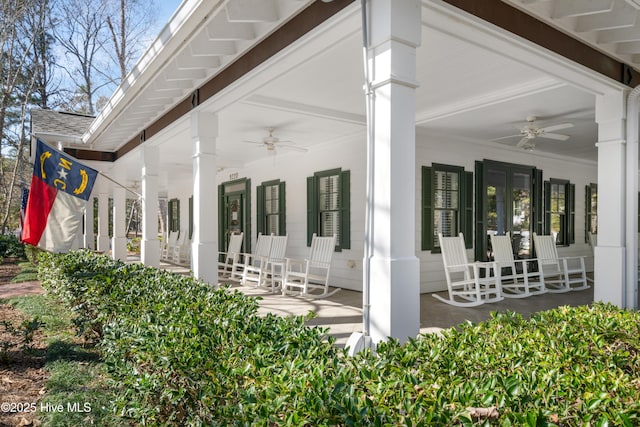 view of patio featuring ceiling fan and covered porch