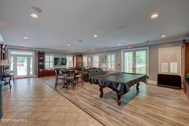 rec room featuring ornamental molding, recessed lighting, french doors, and pool table