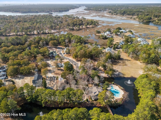 bird's eye view featuring a water view and a wooded view