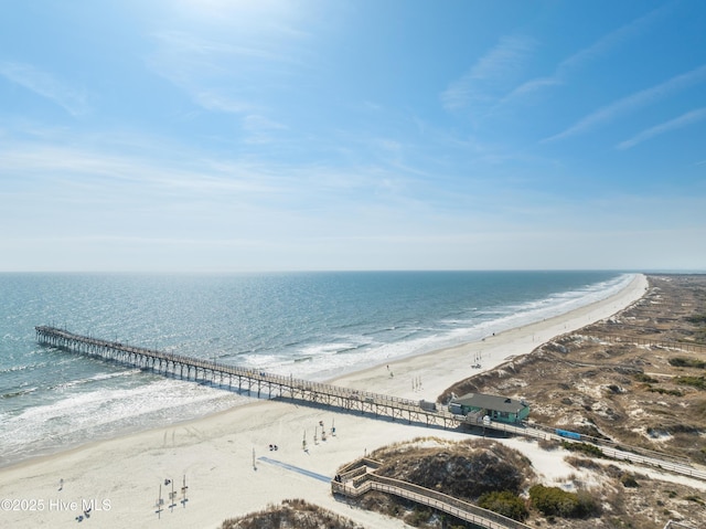 property view of water with a pier and a view of the beach