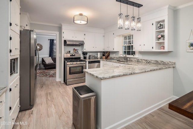 kitchen featuring appliances with stainless steel finishes, white cabinetry, hanging light fixtures, kitchen peninsula, and crown molding