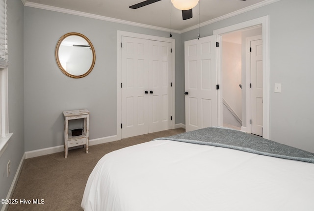 bedroom with crown molding, ceiling fan, dark carpet, and a closet