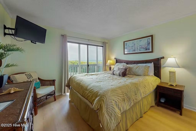 bedroom with access to exterior and light wood-type flooring