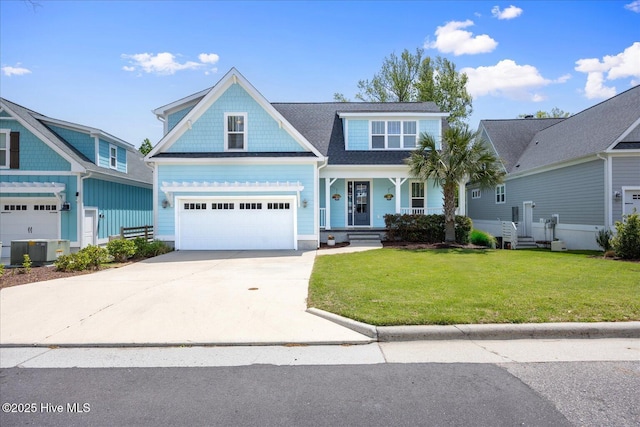 craftsman-style home featuring concrete driveway, central air condition unit, covered porch, a front yard, and a garage