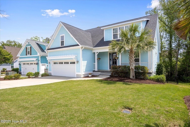 view of front of house featuring roof with shingles, a front lawn, a porch, concrete driveway, and an attached garage