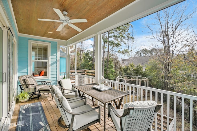 sunroom / solarium with wood ceiling and a ceiling fan