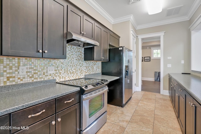 kitchen with under cabinet range hood, stainless steel appliances, visible vents, dark brown cabinetry, and tasteful backsplash