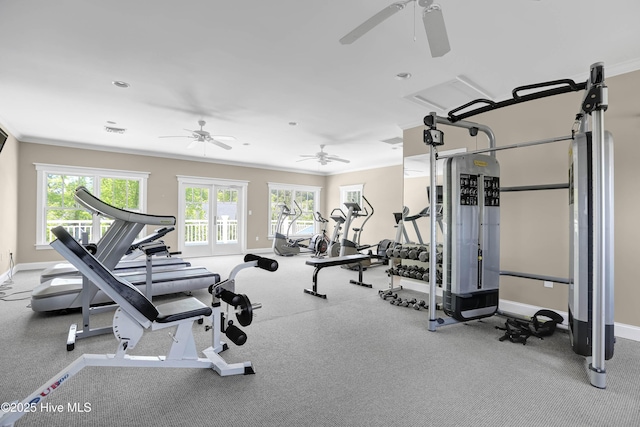 exercise room with plenty of natural light, baseboards, and ornamental molding