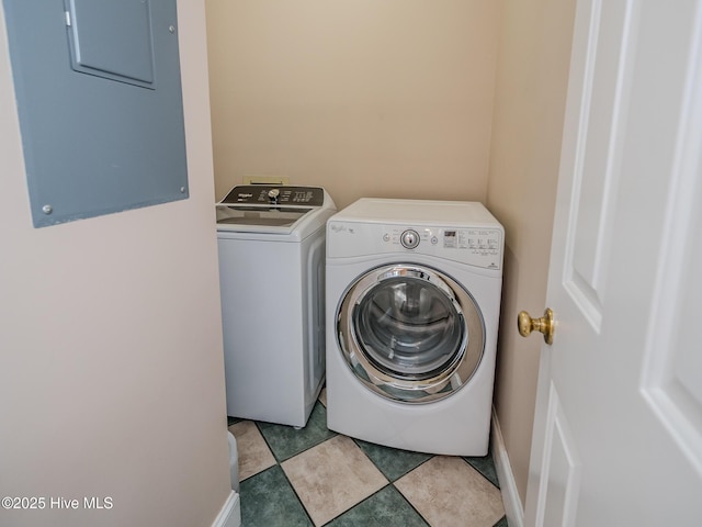 laundry room with washer and dryer and electric panel