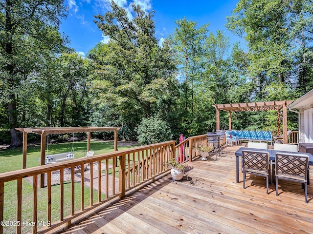 wooden terrace with an outdoor living space and a pergola