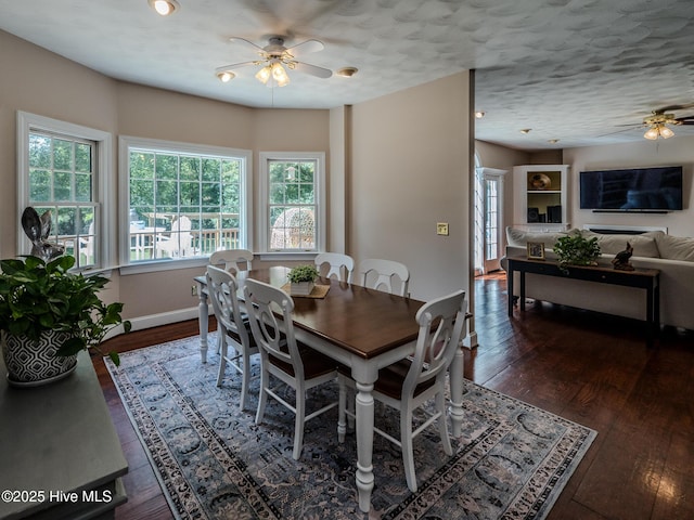 dining space featuring dark wood-type flooring, a textured ceiling, and ceiling fan