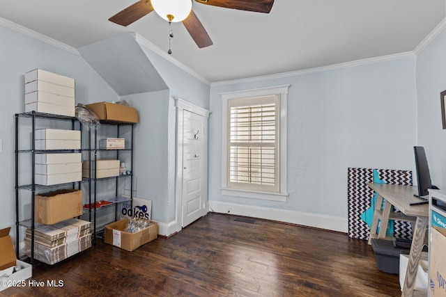 interior space featuring crown molding, ceiling fan, and dark hardwood / wood-style flooring