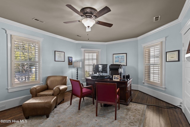 office featuring ornamental molding, ceiling fan, and light hardwood / wood-style floors