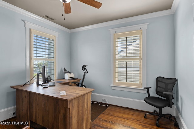 home office featuring crown molding, dark wood-type flooring, and ceiling fan