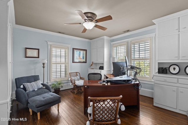 home office featuring ornamental molding, ceiling fan, and dark hardwood / wood-style flooring