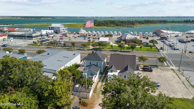 drone / aerial view with a water view