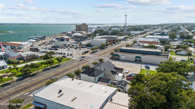 drone / aerial view featuring a water view