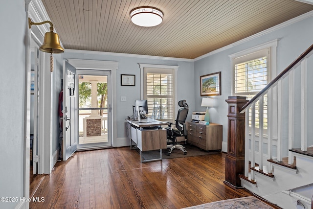 home office featuring ornamental molding, dark wood-type flooring, and wooden ceiling