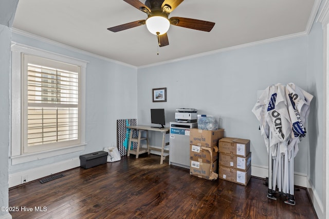 office featuring ornamental molding, dark hardwood / wood-style floors, and ceiling fan