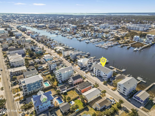 bird's eye view with a water view