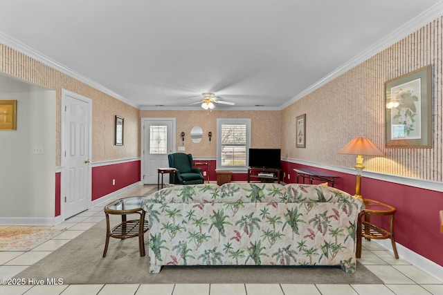 tiled living room featuring crown molding and ceiling fan