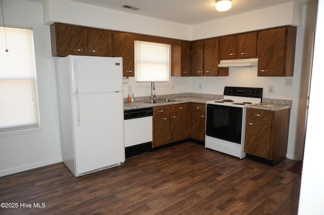 kitchen featuring white appliances, dark hardwood / wood-style flooring, and sink