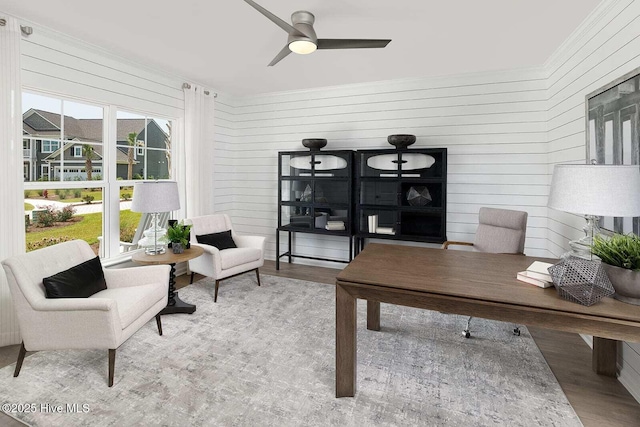 253 Hawks Run Dr Unit 4060, Carolina Shores, NC 28467 - office space featuring ceiling fan, ornamental molding, wood finished floors, and wood walls