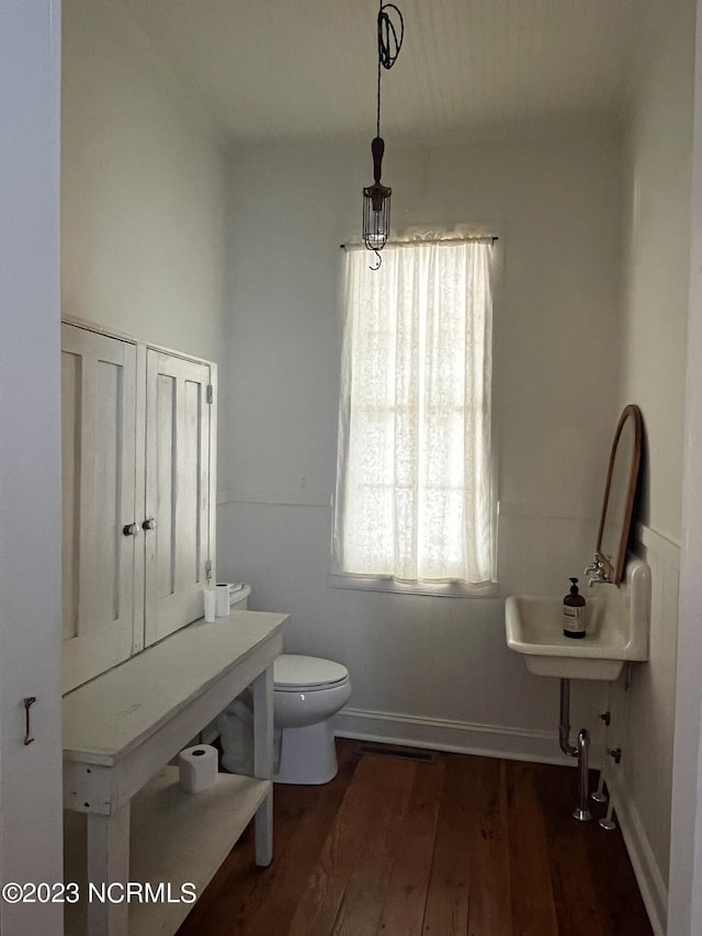 bathroom with wood-type flooring and toilet