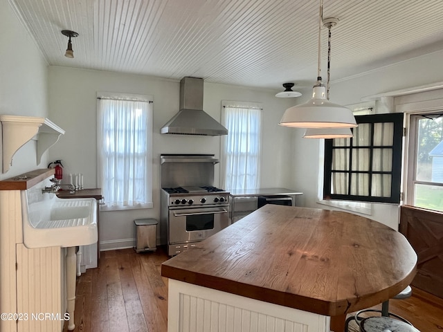 kitchen with high end stove, sink, hanging light fixtures, hardwood / wood-style flooring, and wall chimney exhaust hood