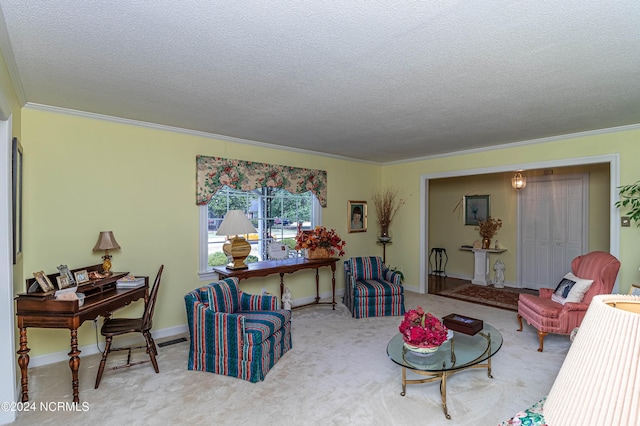 carpeted living room featuring ornamental molding and a textured ceiling