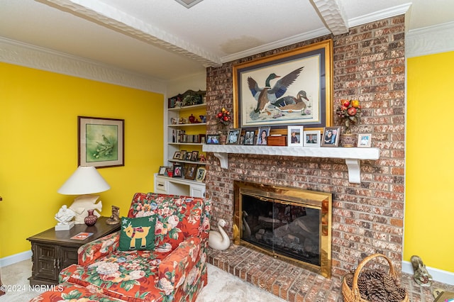 living area with built in features, a fireplace, ornamental molding, light carpet, and a textured ceiling