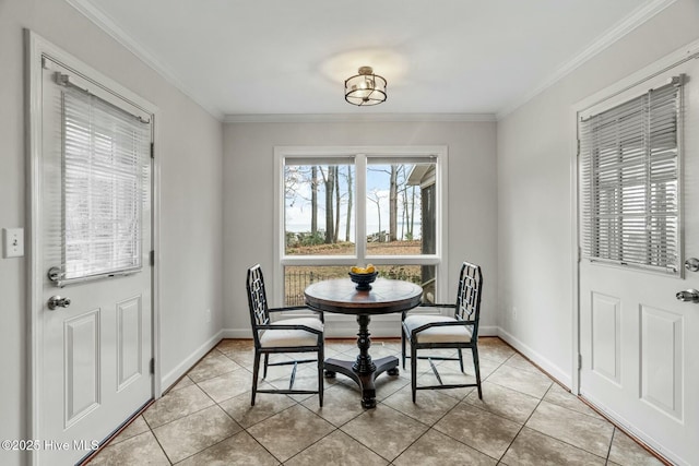 tiled dining space with ornamental molding